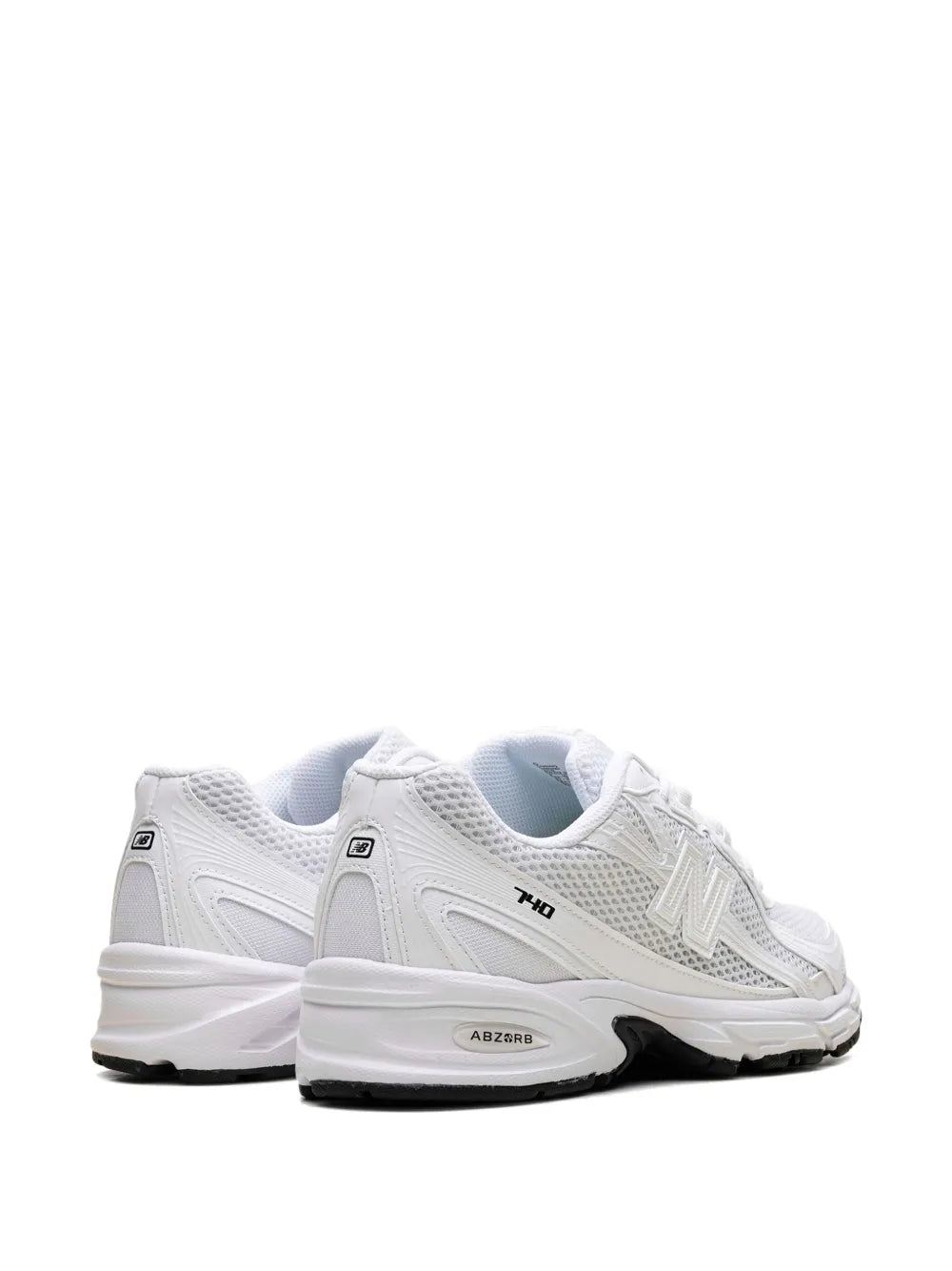 White New Balance 740 sneakers, heel and side profile with ABZORB branding