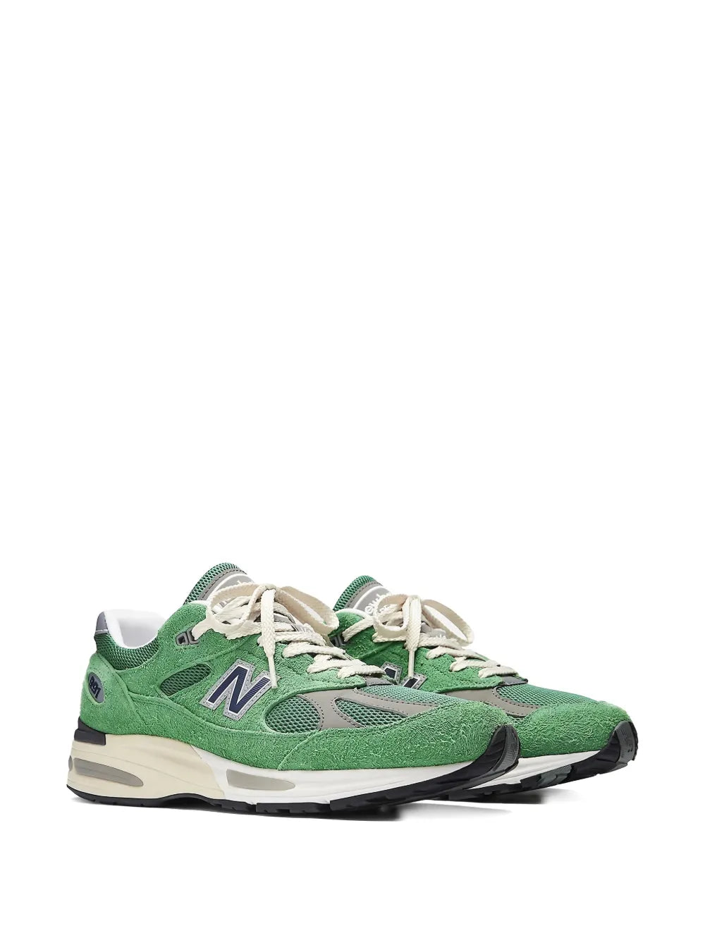 New Balance 991V2 mineral green sneakers, side view with gray overlays