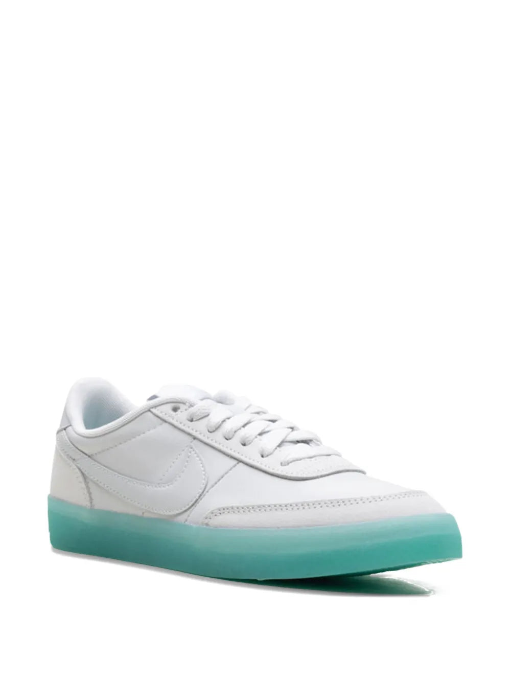 White low-top sneaker with teal sole and lace-up front