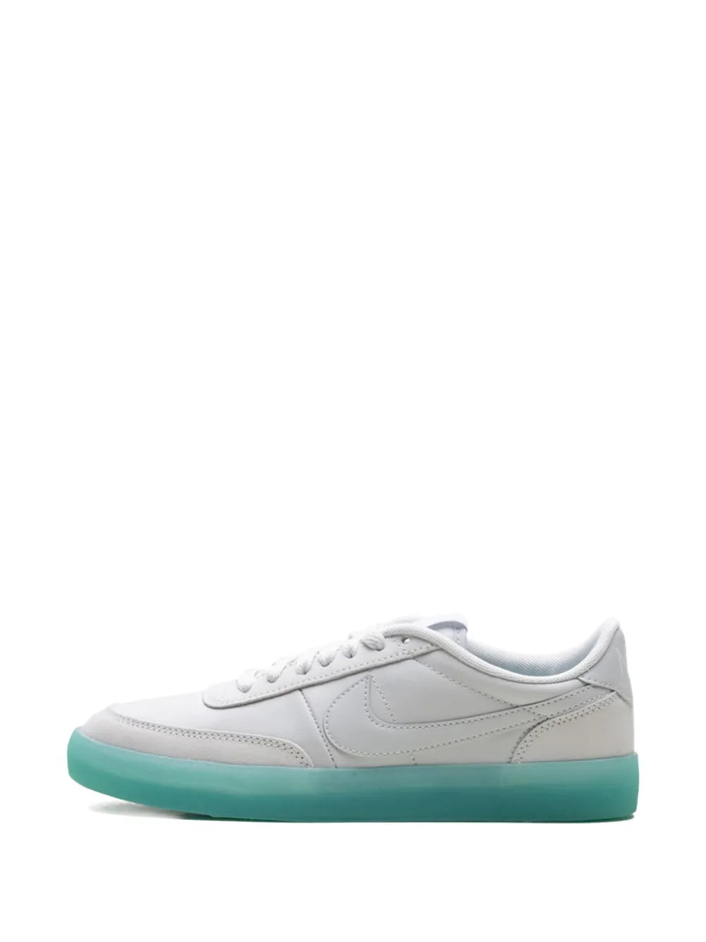 White low-top sneakers with teal sole, side swoosh, lace-up design