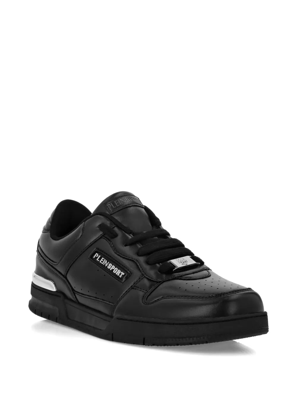Black leather lace-up sneaker side and toe view with PLEINSPORT badge