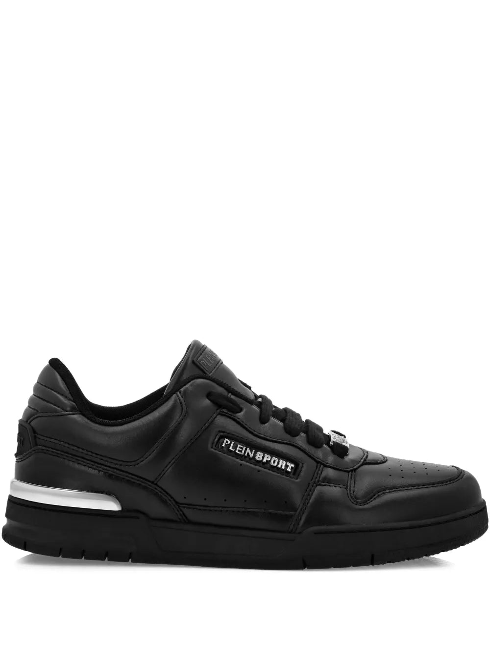 Black leather low-top sneaker with PLEINSPORT logo plaque and lace-up closure