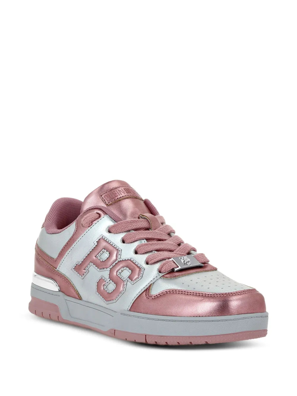 Pink and white low-top lace-up sneaker with 'Plein Sport' side logo