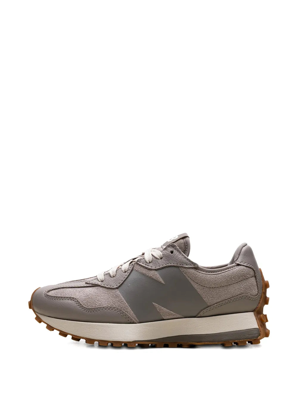 Light brown and gray lace-up sneaker with colorblock side panels and rubber waffle sole