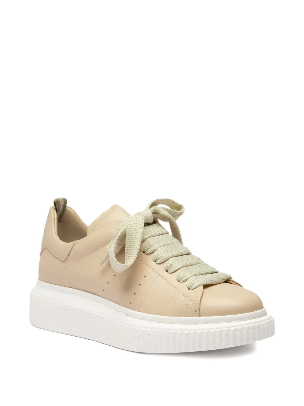 Beige lace-up platform sneaker with white midsole and lace-up closure