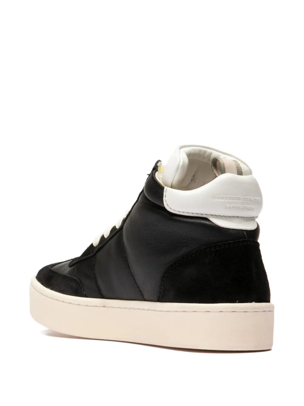 Black high-top leather sneaker heel view with white strap and cushioned collar
