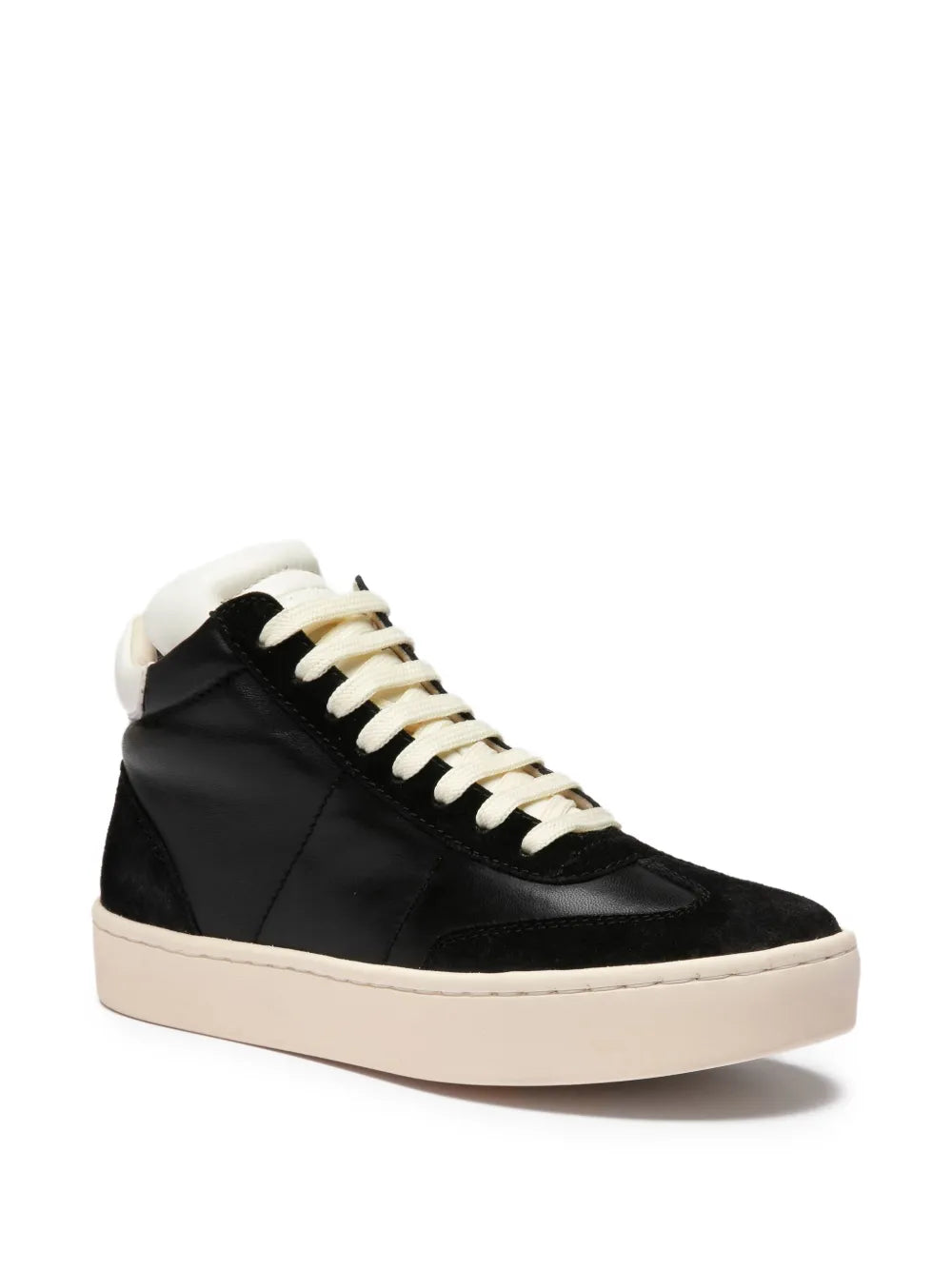Black high-top sneaker side view, cream lace-up, white platform sole