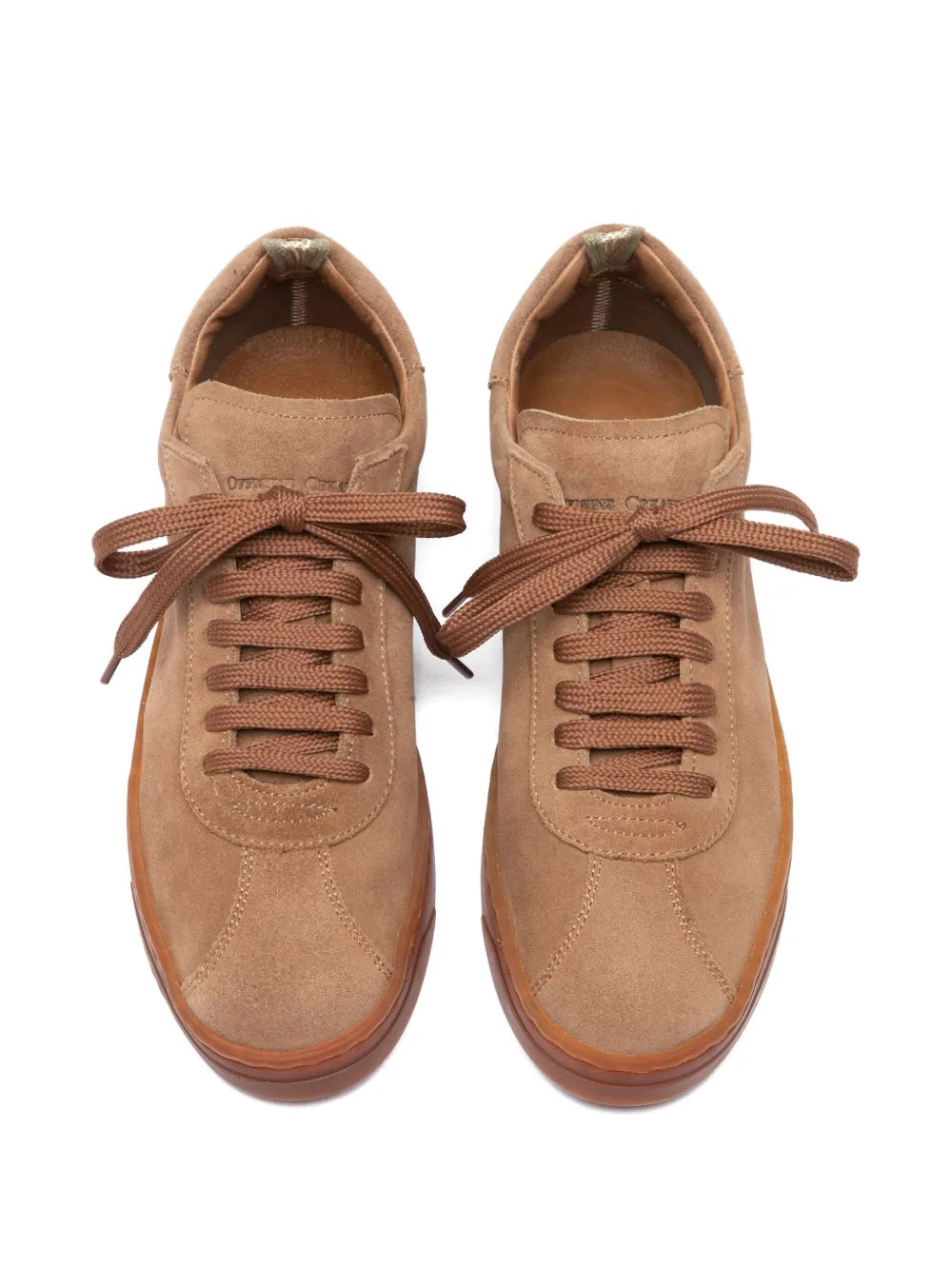 Pair of brown suede lace-up sneakers with padded tongue and lace-up front