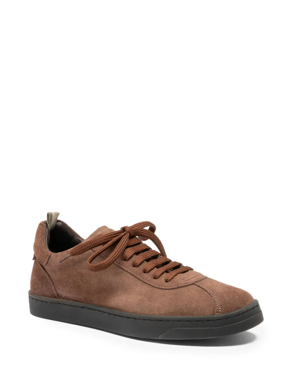 Officine Creative brown suede lace-up sneaker, side view with black sole