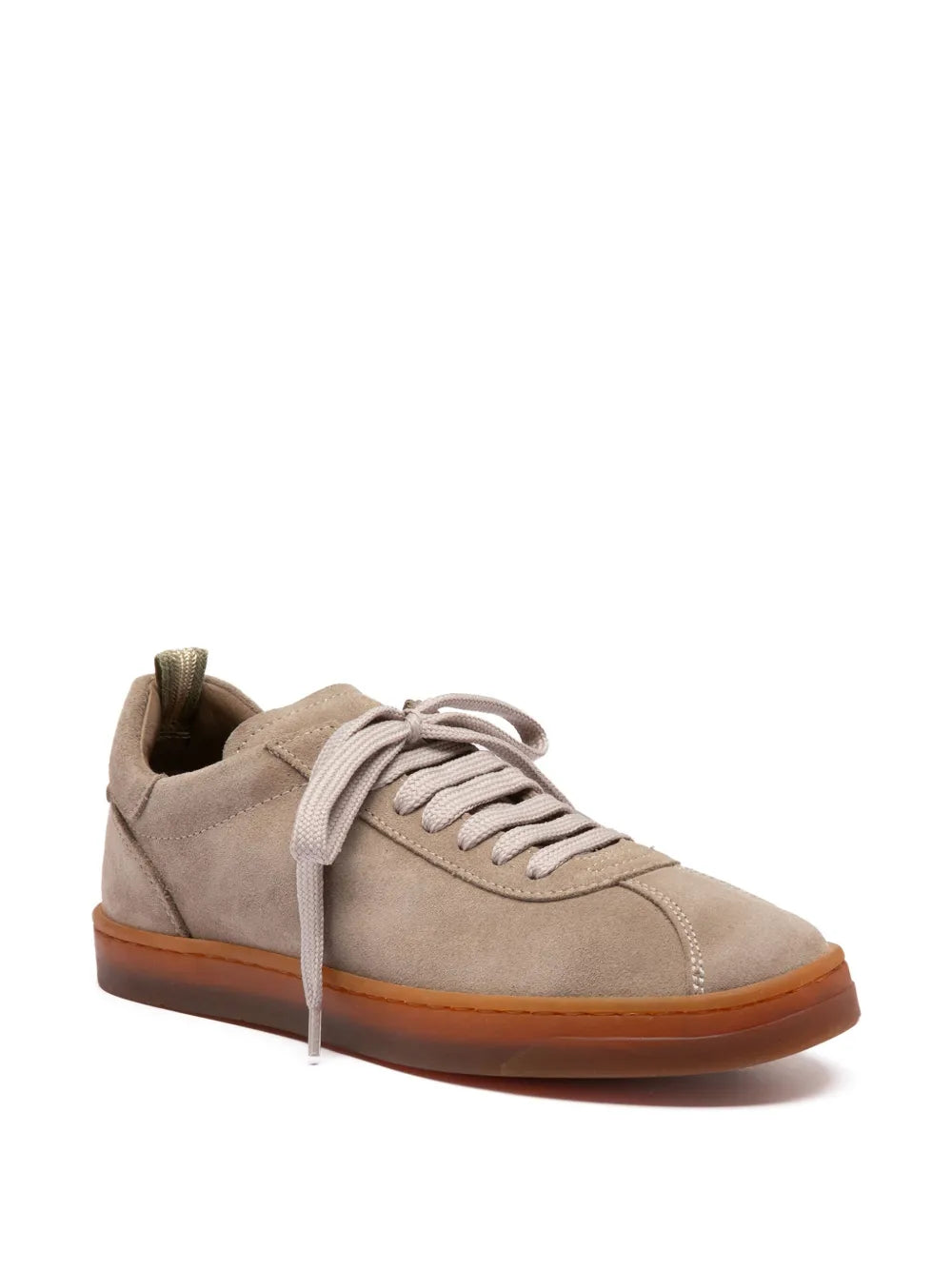 Grey suede lace-up sneaker, side angle with white laces and gum sole