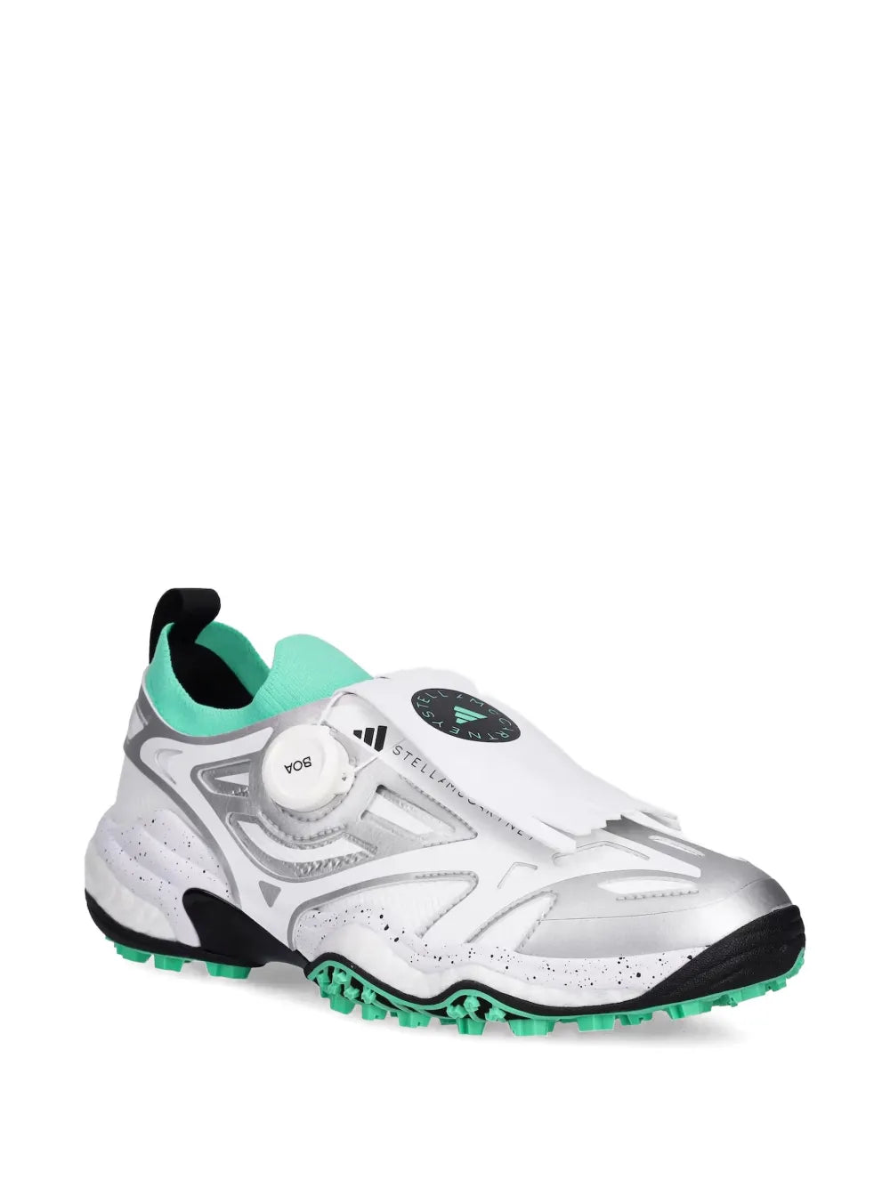 White lace-free running shoe with teal lining, side logo and grippy outsole