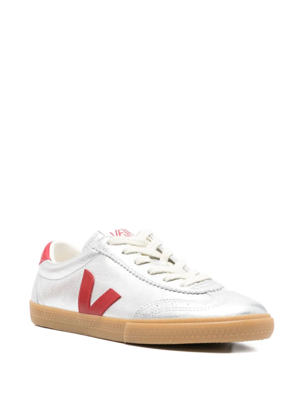 White lace-up sneakers with red V logo and tan gum sole
