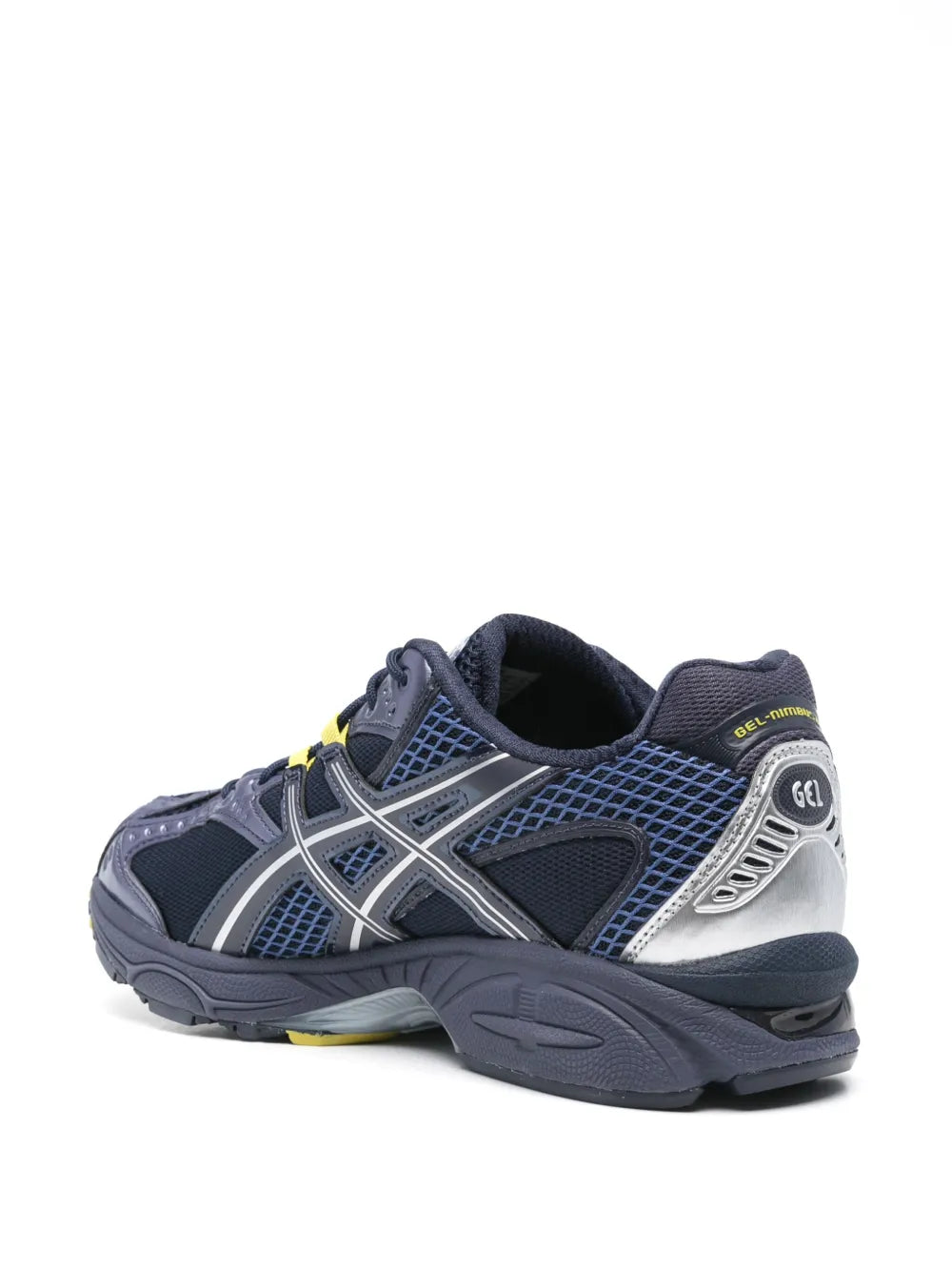 Blue and gray running shoe rear view with padded collar and heel