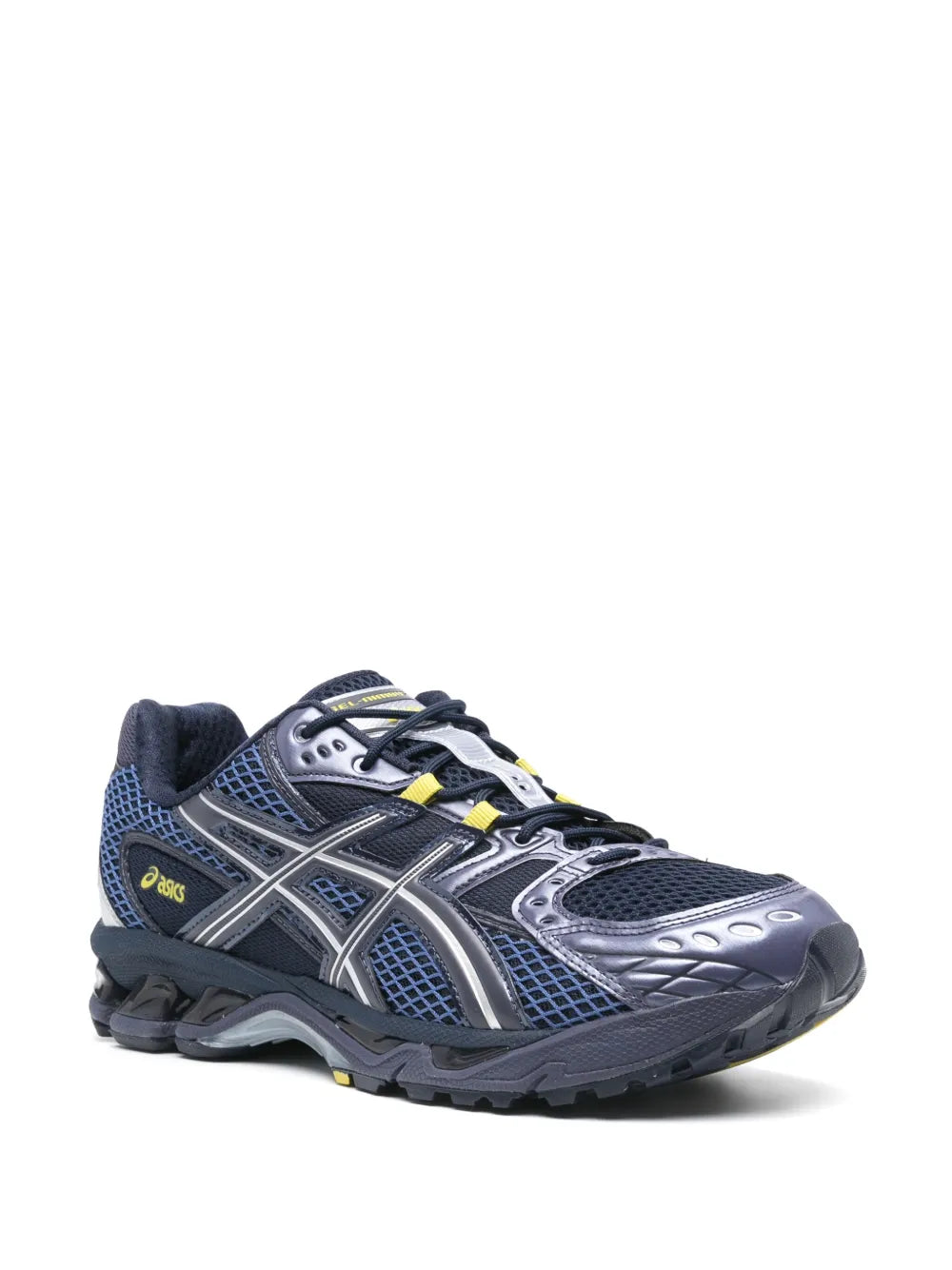 Blue and gray lace-up running sneaker with patterned side panels