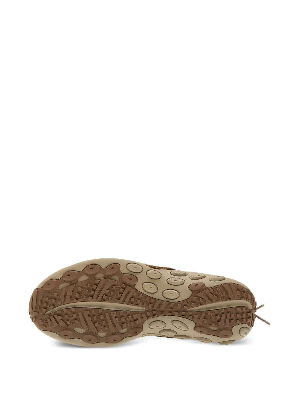 Brown rubber outsole with tread pattern for traction; woven upper moc