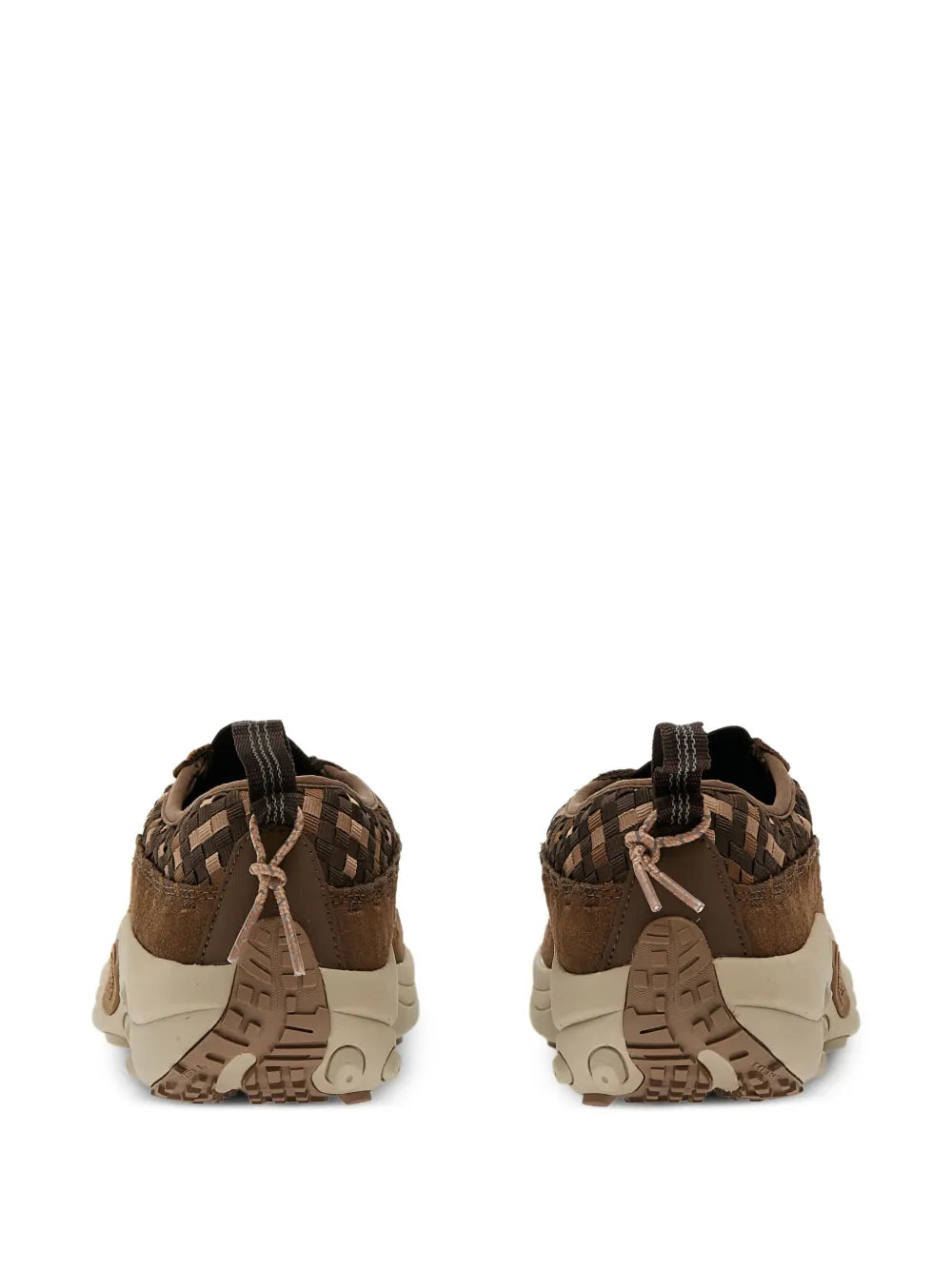 Brown woven slip-on moc with rear pull tab and elastic laces; off-white sole