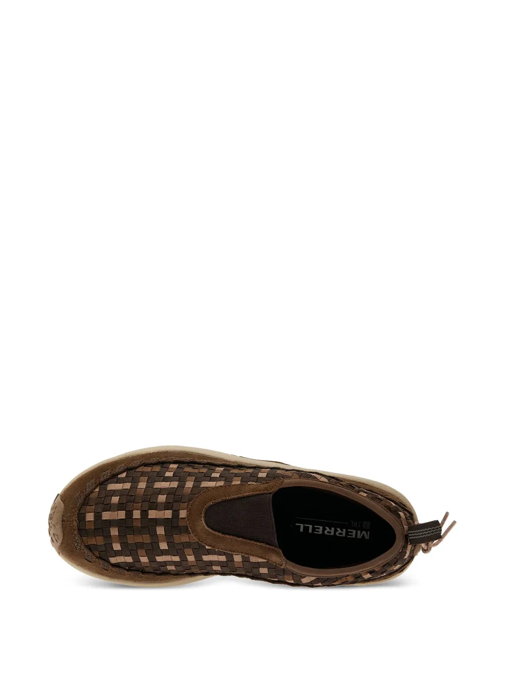Brown woven slip-on moccasin shoe with round toe and dark interior lining