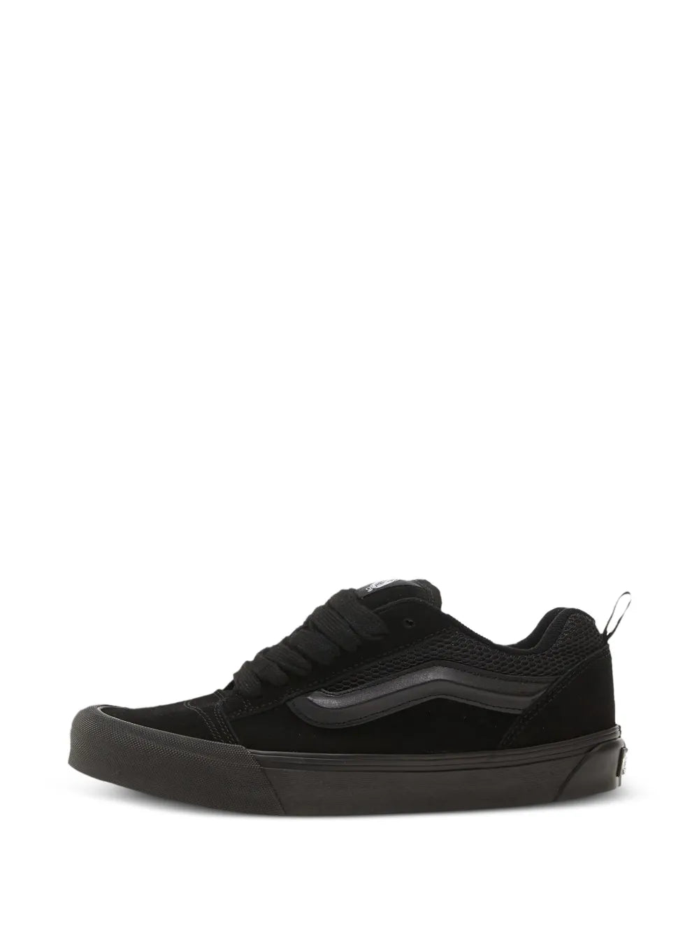 Black lace-up low-top sneaker with side stripe and low profile rubber sole
