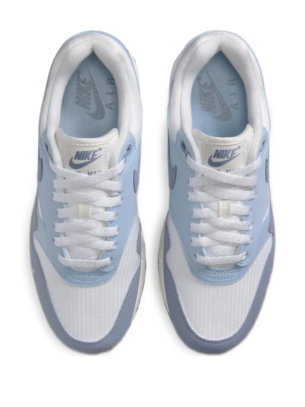 Nike Air Max 1 trainers front view, light blue uppers with white laces
