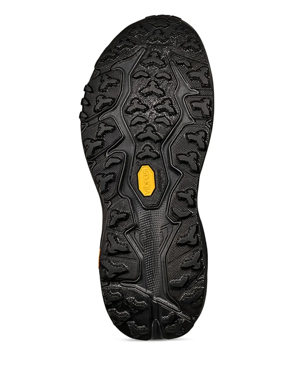 Black rubber outsole with deep traction lugs and yellow accent on the tread center