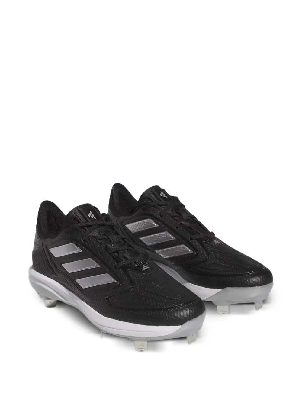 Pair of black Adidas cleat shoes with white side stripes and molded traction studs