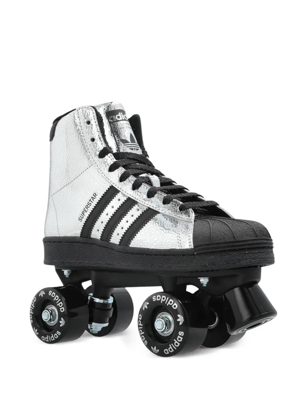 adidas Superstar roller skates, angled view with silver metallic upper and black wheels