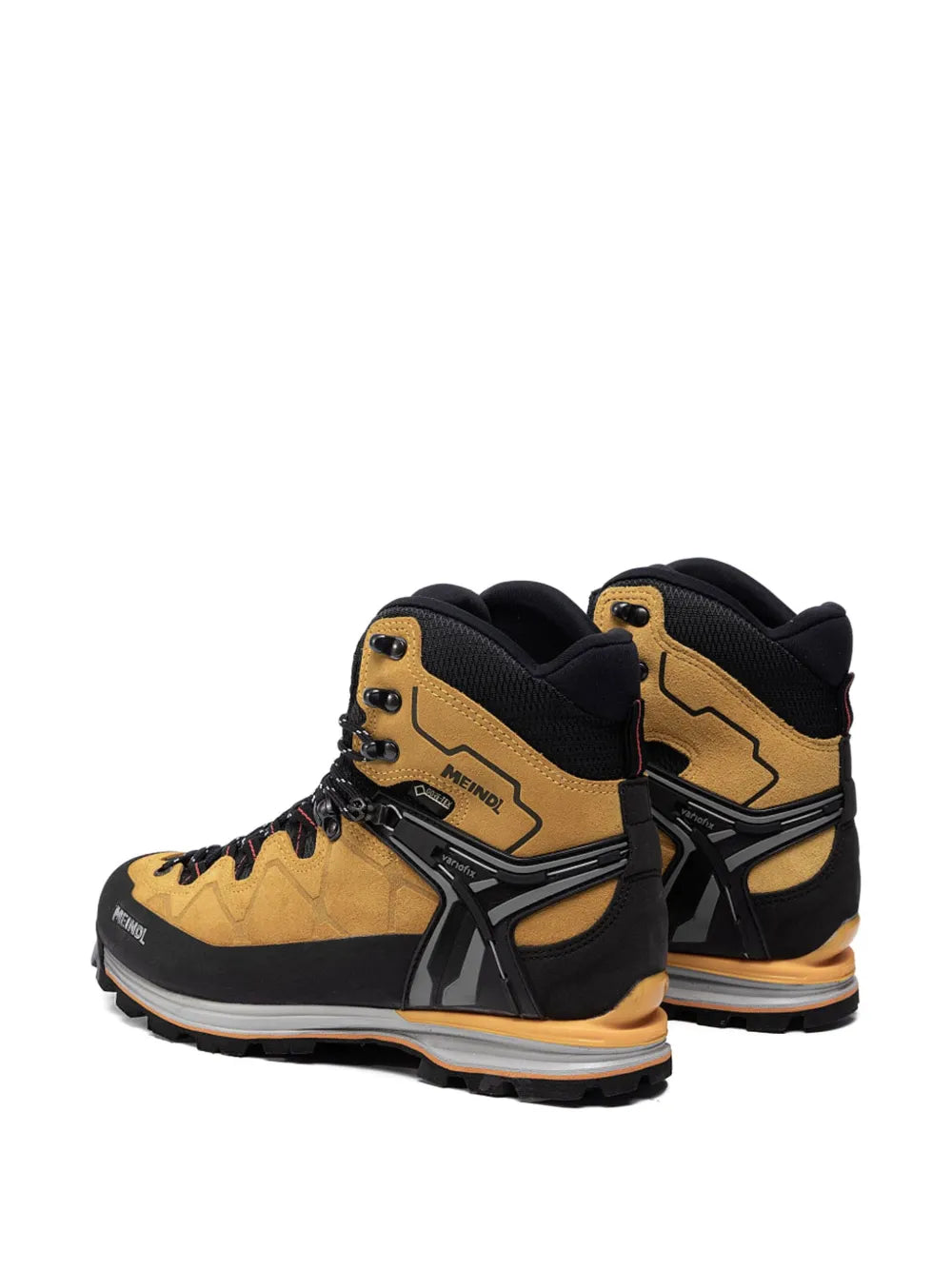 Beige and black high-top lace-up hiking sneakers, rear and side view with padded collar