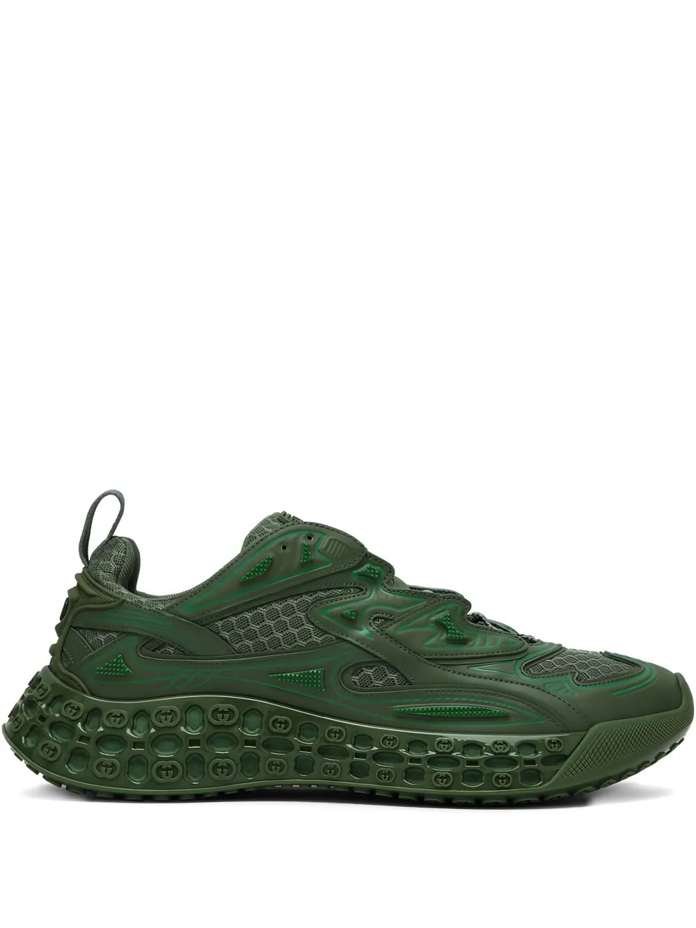 Dark green Gucci Cub3D sneakers, lace-up with textured uppers and chunky tread sole.