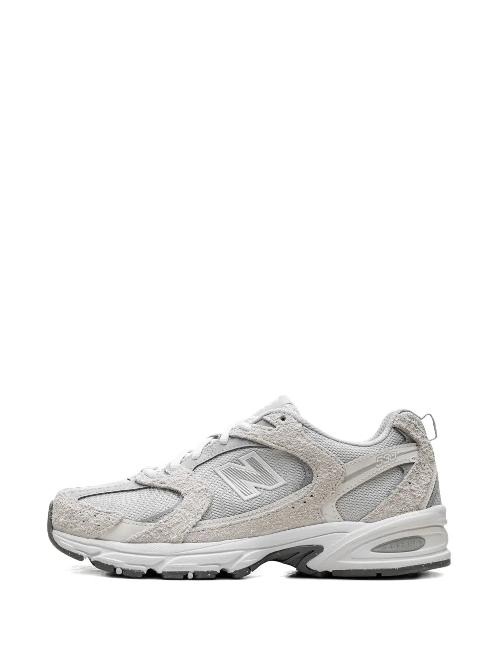 New Balance 530 light grey sneakers, front view with lace-up and N logo