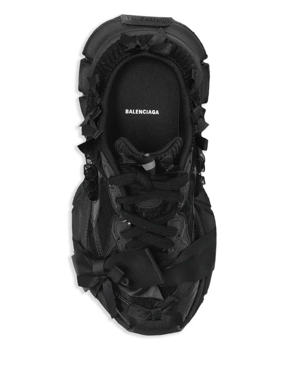 Balenciaga Wxlmc 1000 black sneaker tongue and laces, top view with BALENCIAGA logo