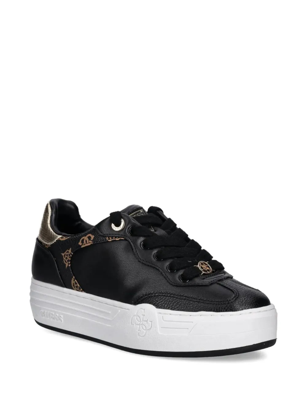 Black leather lace-up platform sneakers with gold monogram logo on side