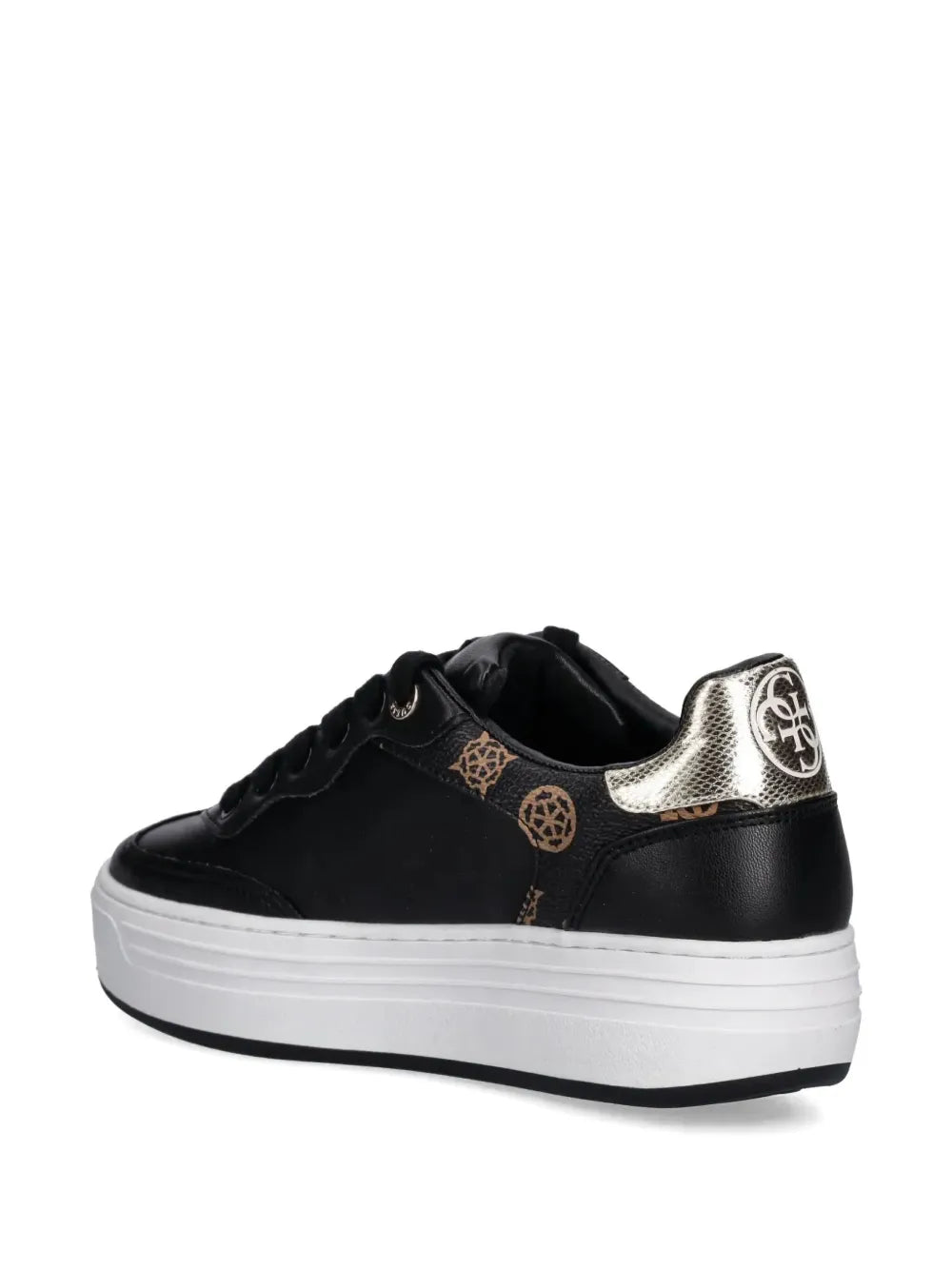 Black leather platform sneakers with gold heel logo and textured side accents