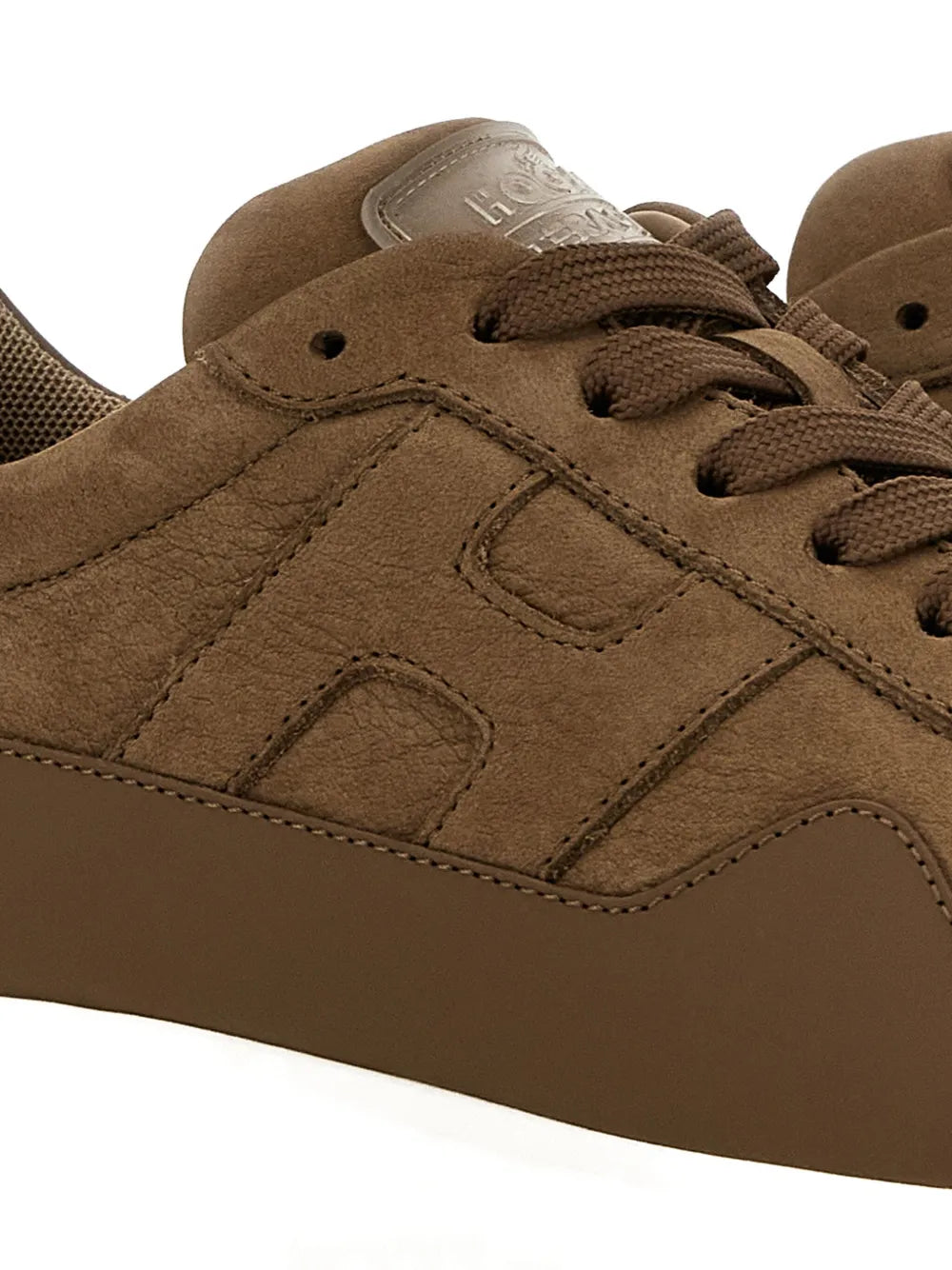 Hogan Interactive 3 suede sneakers close-up: cognac brown with laces and embossed logo