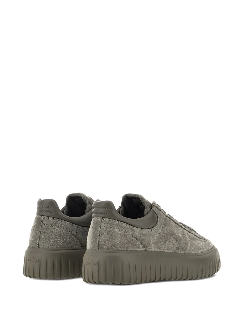 Grey sneakers rear view with padded collar and lace-up front, ribbed rubber sole