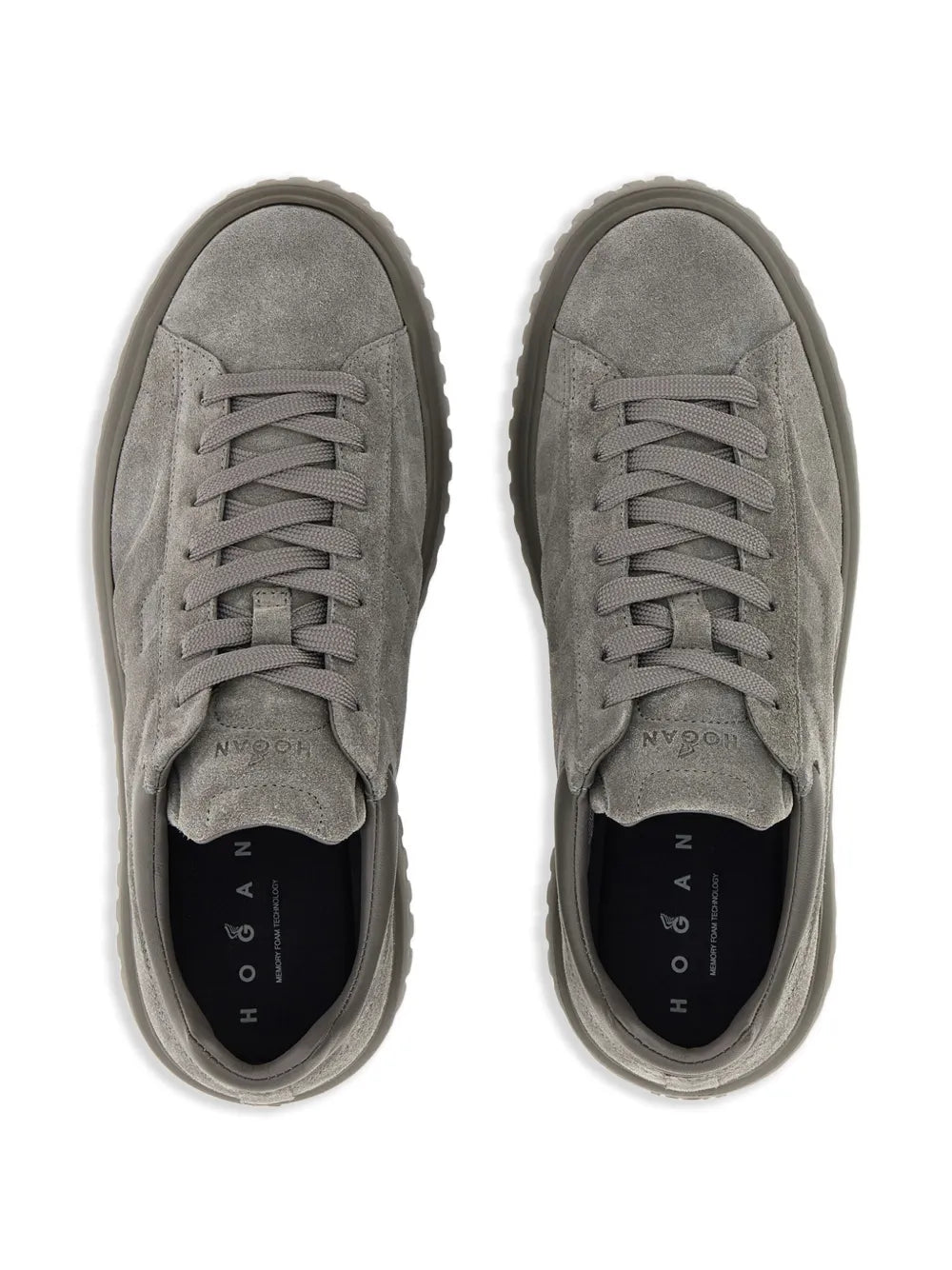 Grey suede lace-up sneakers, top view with laces and cushioned tongue