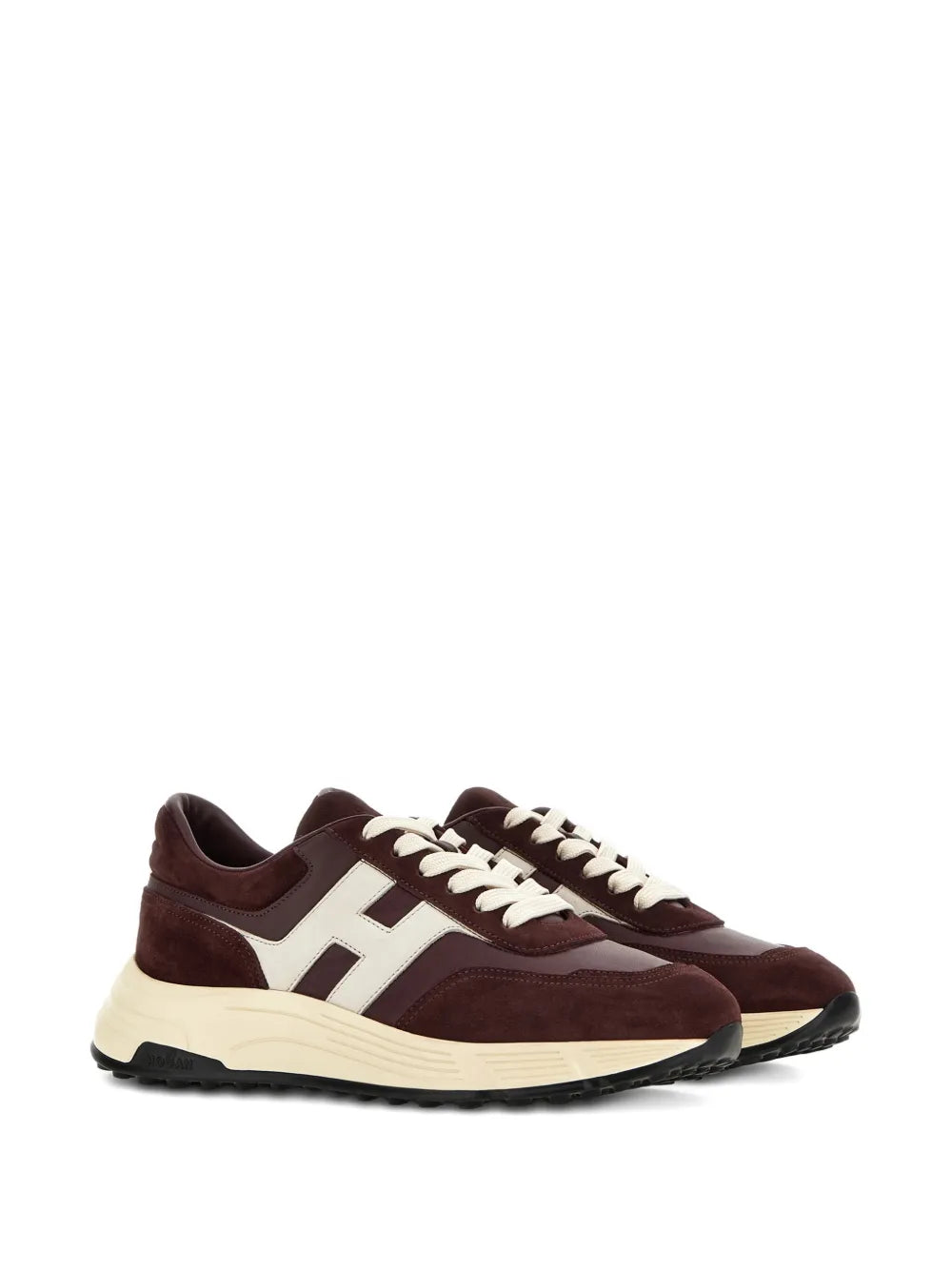Hogan Hyperlight sneakers in burgundy, side view with white stripe and lace-up