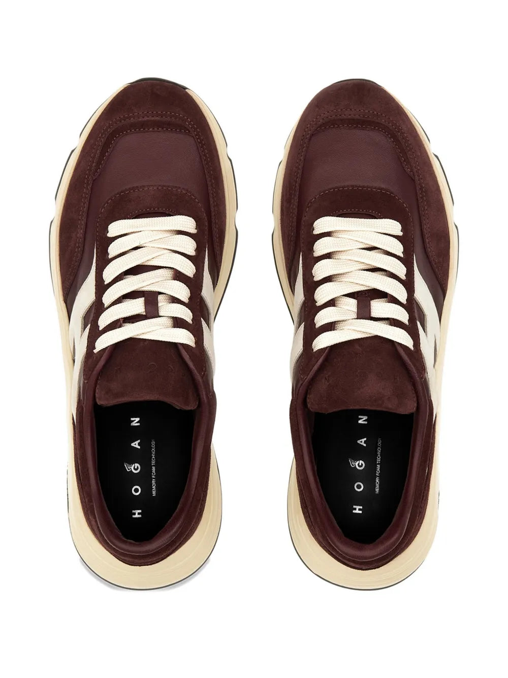 Hogan Hyperlight sneakers in burgundy, top view with cream laces and interior label