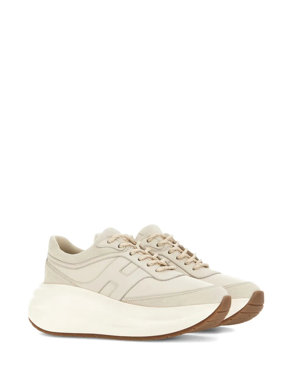 Beige Hogan chunky runner sneaker side view with lace-up front and rubber outsole