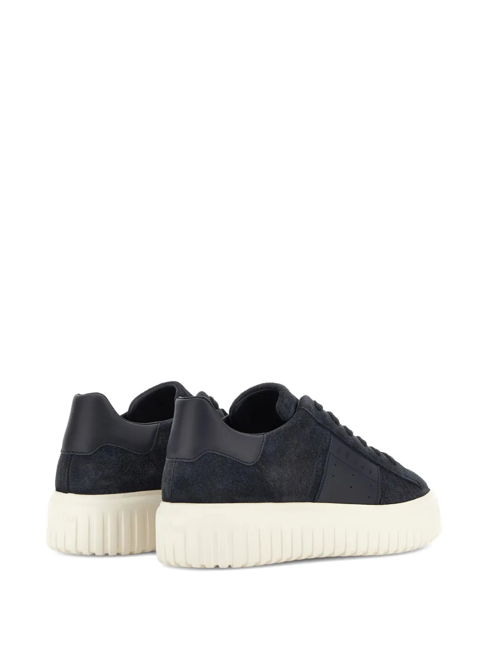 Midnight blue low-top sneakers, lace-up with heel tab, white ridged sole