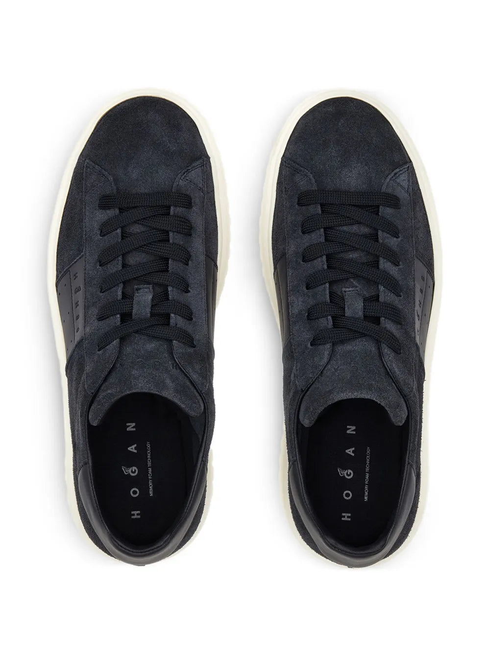 Midnight blue suede sneakers with black laces, white rubber sidewall, Hogan logo