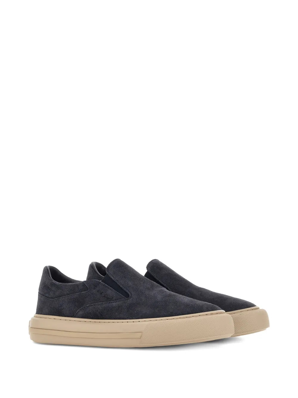 Dark navy suede slip-on sneakers, low profile, beige rubber outsole