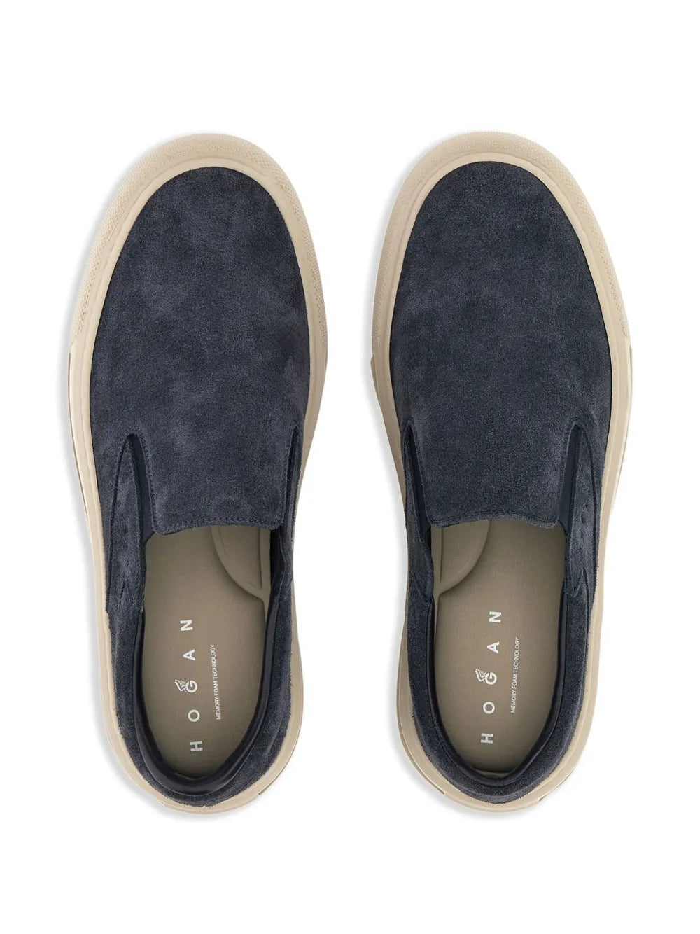 Dark navy suede slip-on sneakers with beige interior trim and HOGAN insole