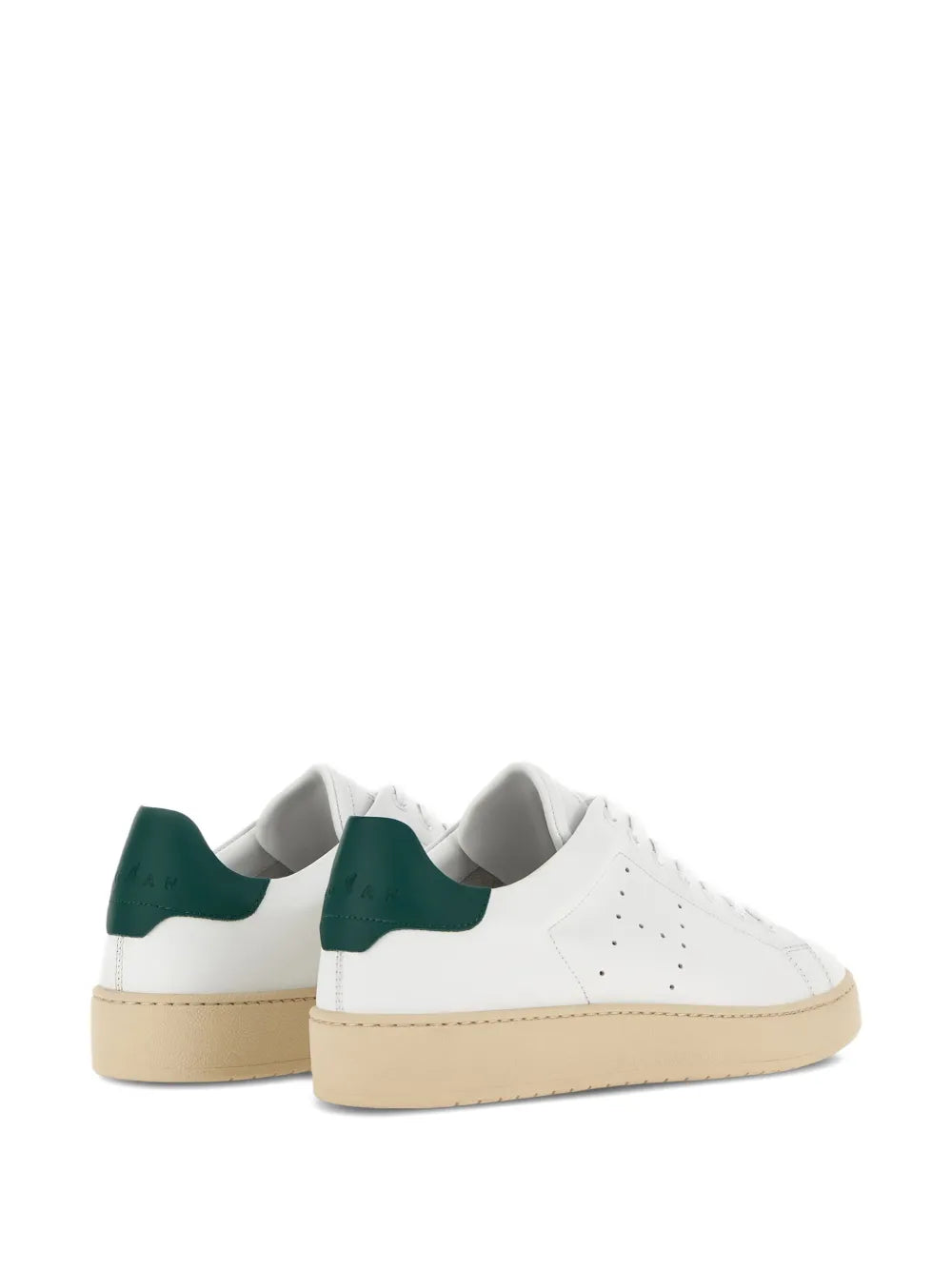 Hogan H672 white sneakers with green back panels and beige sole, rear view