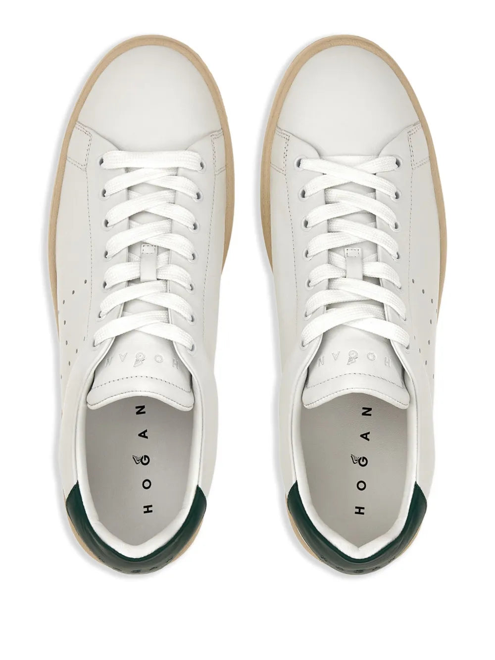 Hogan H672 white sneakers, front view with white laces and green collar trim