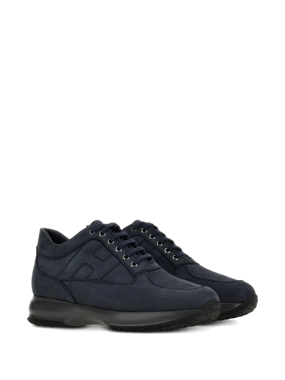 Hogan interactive sneakers, side view in midnight blue with lace-up and tread sole