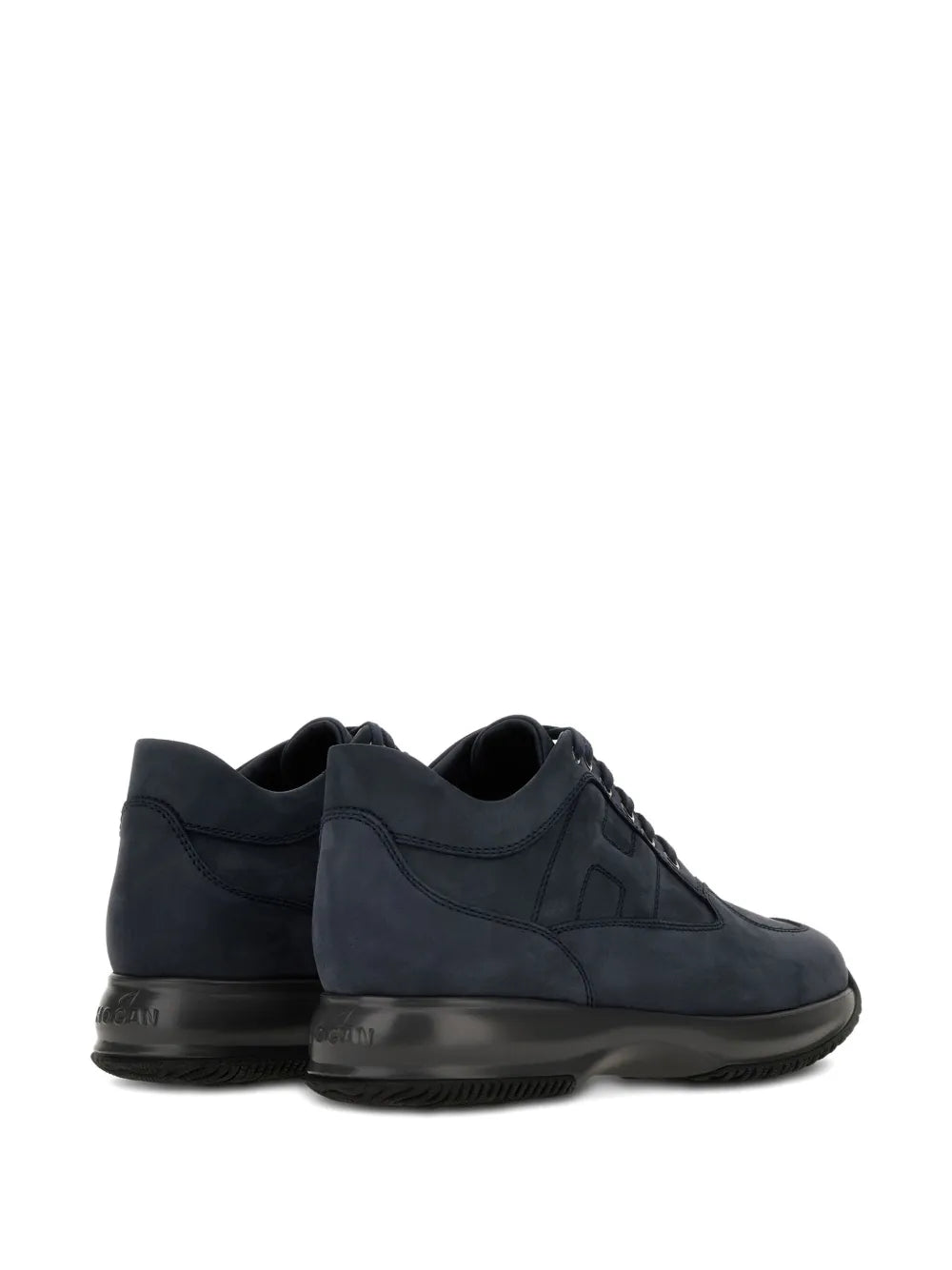 Hogan interactive sneakers, back view in midnight blue with lace-up and dark sole