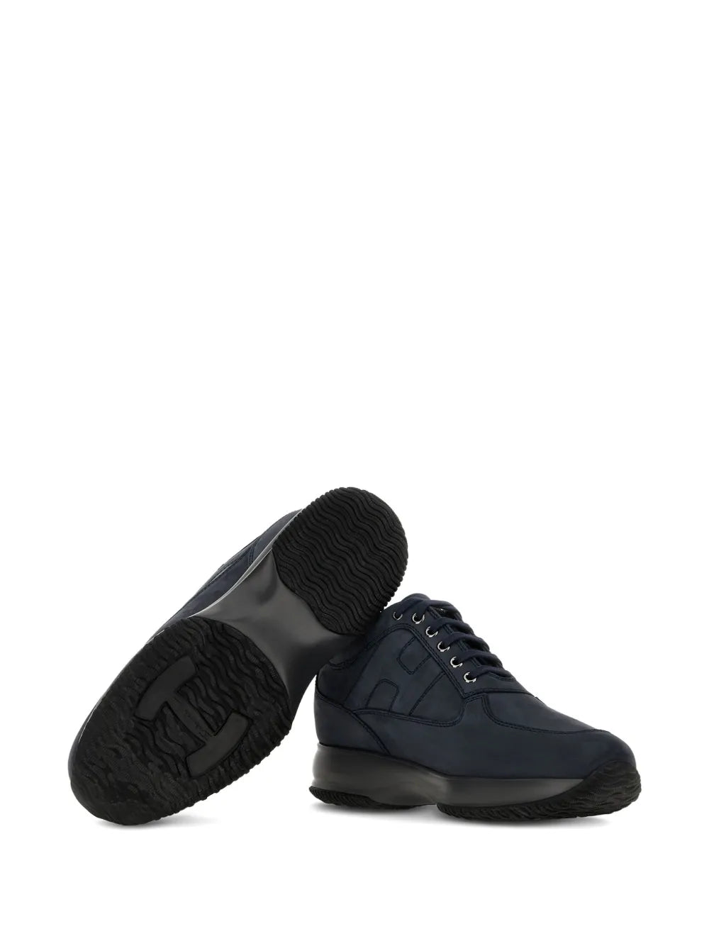 Hogan interactive sneakers, outsole view with midnight blue uppers and tread sole
