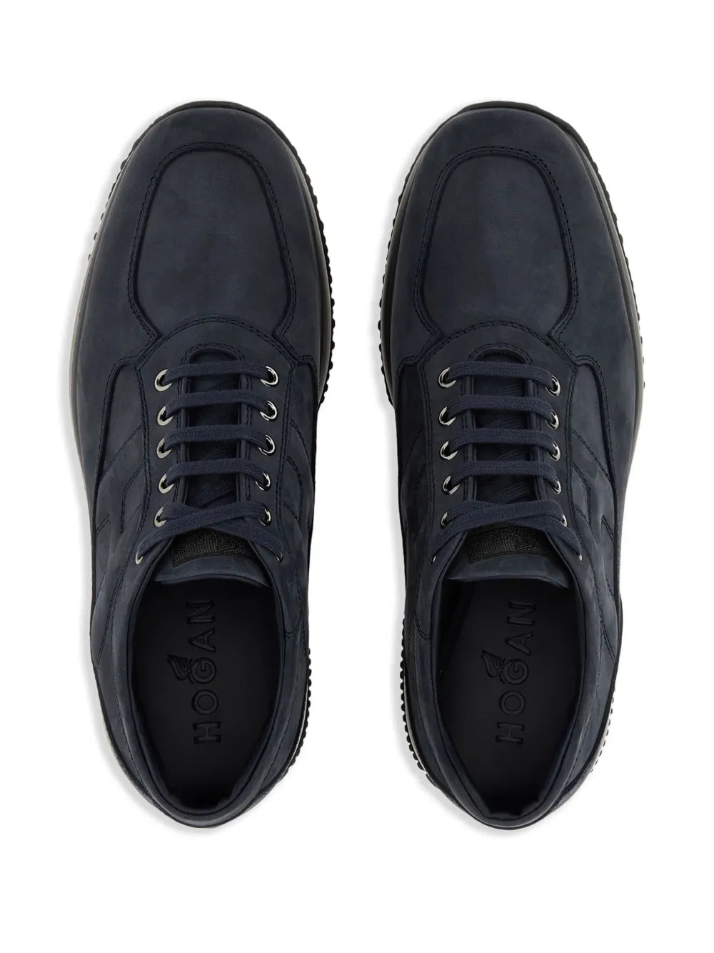 Hogan interactive sneakers, front view pair with lace-up and HOGAN logo on insoles