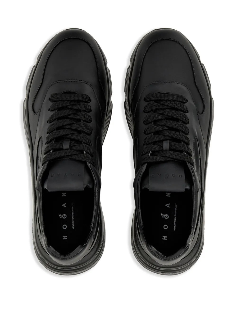 Black low-top sneakers front view, lace-up with smooth leather upper