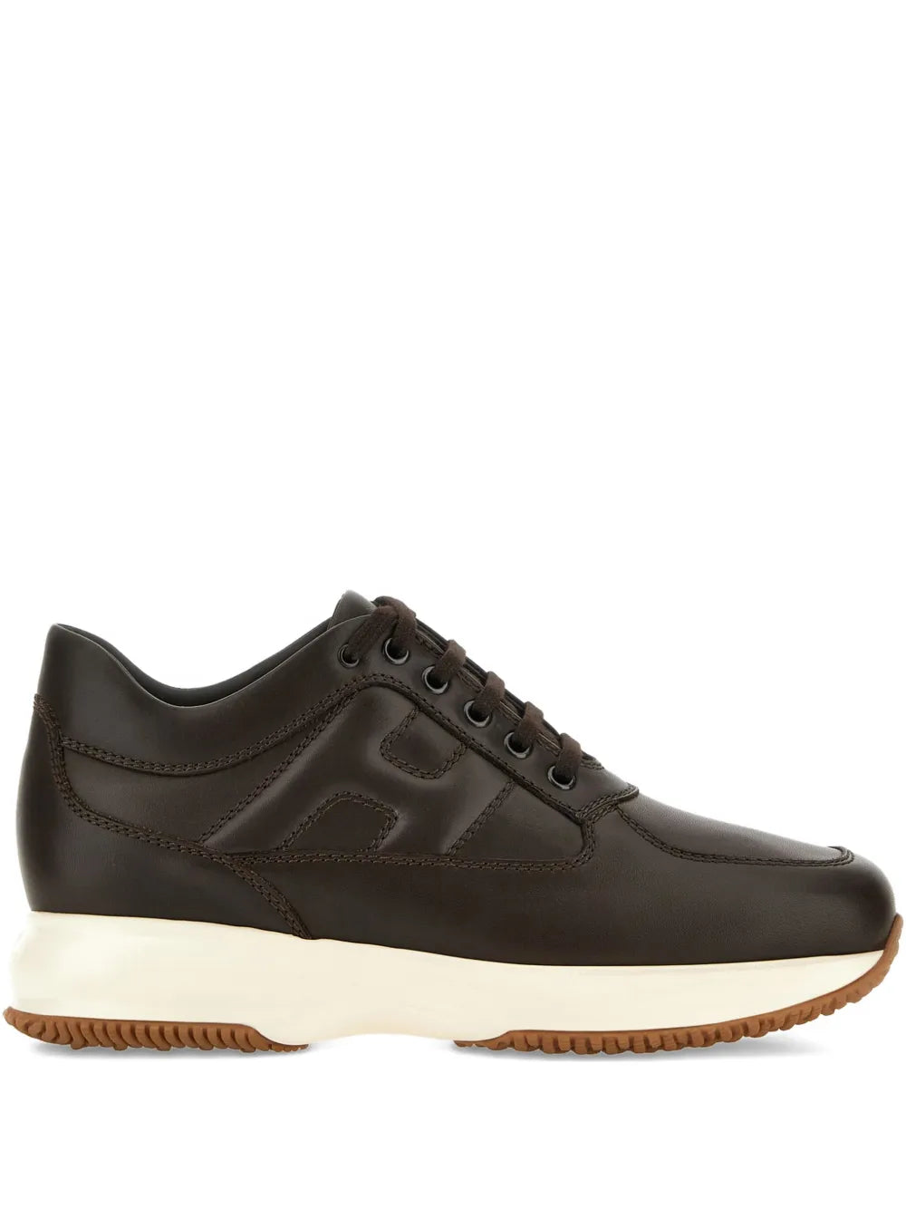 Hogan interactive sneakers in dark coffee brown, lace-up with white sole and brown outsole